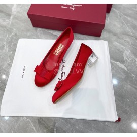 Ferragamo Viva Bow Silk Satin Thick High Heeled Ballet Shoes For Women Red