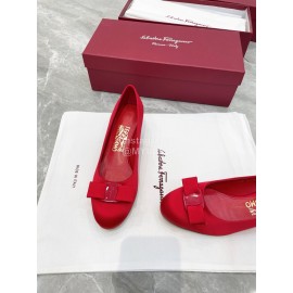 Ferragamo Viva Bow Silk Satin Thick High Heeled Ballet Shoes For Women Red