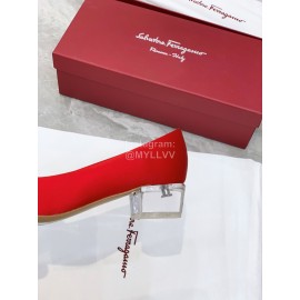 Ferragamo Viva Bow Silk Satin Thick High Heeled Ballet Shoes For Women Red