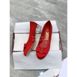 Ferragamo Viva Bow Silk Satin Thick High Heeled Ballet Shoes For Women Red