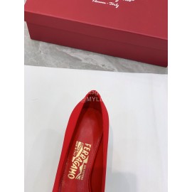 Ferragamo Viva Bow Silk Satin Thick High Heeled Ballet Shoes For Women Red