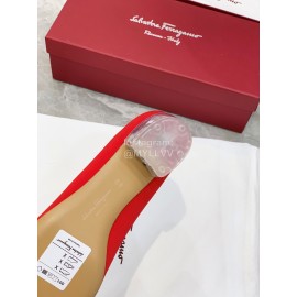 Ferragamo Viva Bow Silk Satin Thick High Heeled Ballet Shoes For Women Red