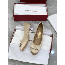 Ferragamo Viva Bow Silk Satin Thick High Heeled Ballet Shoes For Women Beige