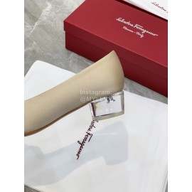 Ferragamo Viva Bow Silk Satin Thick High Heeled Ballet Shoes For Women Beige