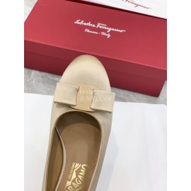 Ferragamo Viva Bow Silk Satin Thick High Heeled Ballet Shoes For Women Beige