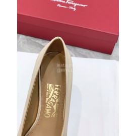 Ferragamo Viva Bow Silk Satin Thick High Heeled Ballet Shoes For Women Beige