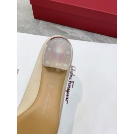 Ferragamo Viva Bow Silk Satin Thick High Heeled Ballet Shoes For Women Beige