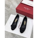 Ferragamo Viva Bow Silk Satin Thick High Heeled Ballet Shoes For Women Black