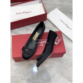 Ferragamo Viva Bow Silk Satin Thick High Heeled Ballet Shoes For Women Black