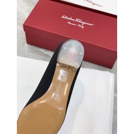 Ferragamo Viva Bow Silk Satin Thick High Heeled Ballet Shoes For Women Black