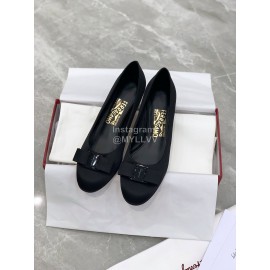 Ferragamo Viva Bow Silk Satin Thick High Heeled Ballet Shoes For Women Black