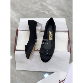 Ferragamo Viva Bow Silk Satin Thick High Heeled Ballet Shoes For Women Black
