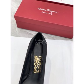 Ferragamo Viva Bow Silk Satin Thick High Heeled Ballet Shoes For Women Black