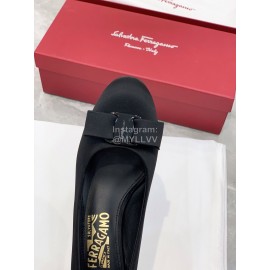 Ferragamo Viva Bow Silk Satin Thick High Heeled Ballet Shoes For Women Black