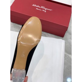 Ferragamo Viva Bow Silk Satin Thick High Heeled Ballet Shoes For Women Black