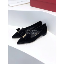 Ferragamo Velvet Bow Thick High Heeled Pointed Shoes For Women Black