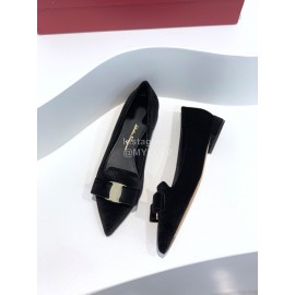 Ferragamo Velvet Bow Thick High Heeled Pointed Shoes For Women Black