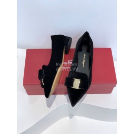 Ferragamo Velvet Bow Thick High Heeled Pointed Shoes For Women Black