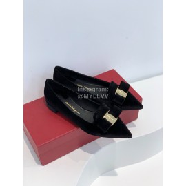 Ferragamo Velvet Bow Thick High Heeled Pointed Shoes For Women Black