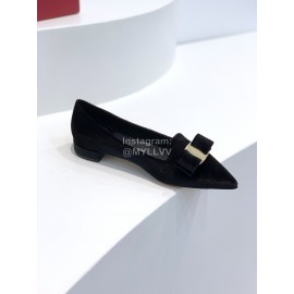 Ferragamo Velvet Bow Thick High Heeled Pointed Shoes For Women Black