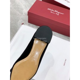 Ferragamo Velvet Bow Thick High Heeled Pointed Shoes For Women Black