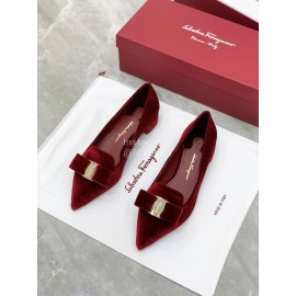 Ferragamo Velvet Bow Thick High Heeled Pointed Shoes For Women Wine Red