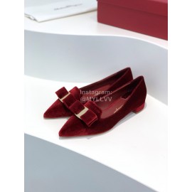 Ferragamo Velvet Bow Thick High Heeled Pointed Shoes For Women Wine Red