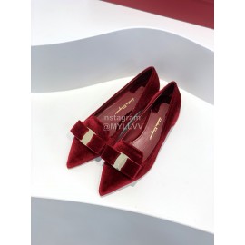 Ferragamo Velvet Bow Thick High Heeled Pointed Shoes For Women Wine Red