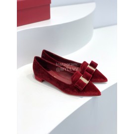 Ferragamo Velvet Bow Thick High Heeled Pointed Shoes For Women Wine Red