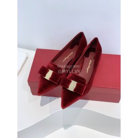 Ferragamo Velvet Bow Thick High Heeled Pointed Shoes For Women Wine Red