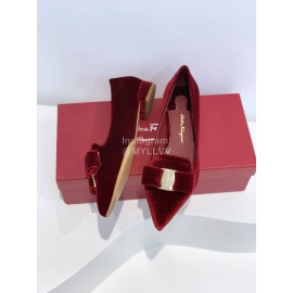 Ferragamo Velvet Bow Thick High Heeled Pointed Shoes For Women Wine Red