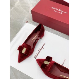 Ferragamo Velvet Bow Thick High Heeled Pointed Shoes For Women Wine Red