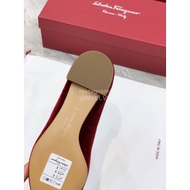 Ferragamo Velvet Bow Thick High Heeled Pointed Shoes For Women Wine Red