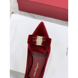 Ferragamo Velvet Bow Thick High Heeled Pointed Shoes For Women Wine Red