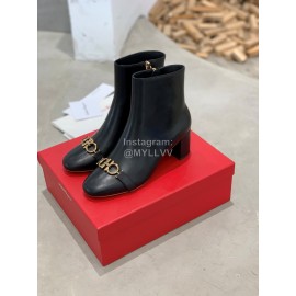Ferragamo Gancini Buckle Cowhide Thick High Heeled Boots For Women Black