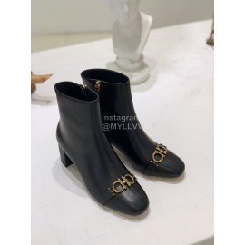 Ferragamo Gancini Buckle Cowhide Thick High Heeled Boots For Women Black