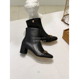 Ferragamo Gancini Buckle Cowhide Thick High Heeled Boots For Women Black