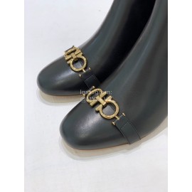 Ferragamo Gancini Buckle Cowhide Thick High Heeled Boots For Women Black