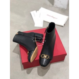 Ferragamo Gancini Buckle Black Cowhide Thick High Heeled Boots For Women