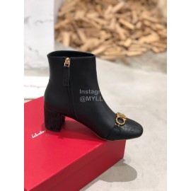 Ferragamo Gancini Buckle Black Cowhide Thick High Heeled Boots For Women