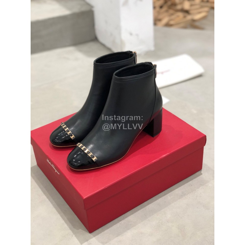 Ferragamo Cowhide Thick High Heeled Short Boots For Women Black