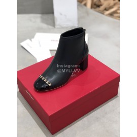 Ferragamo Cowhide Thick High Heeled Short Boots For Women Black