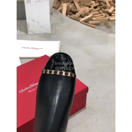 Ferragamo Cowhide Thick High Heeled Short Boots For Women Black