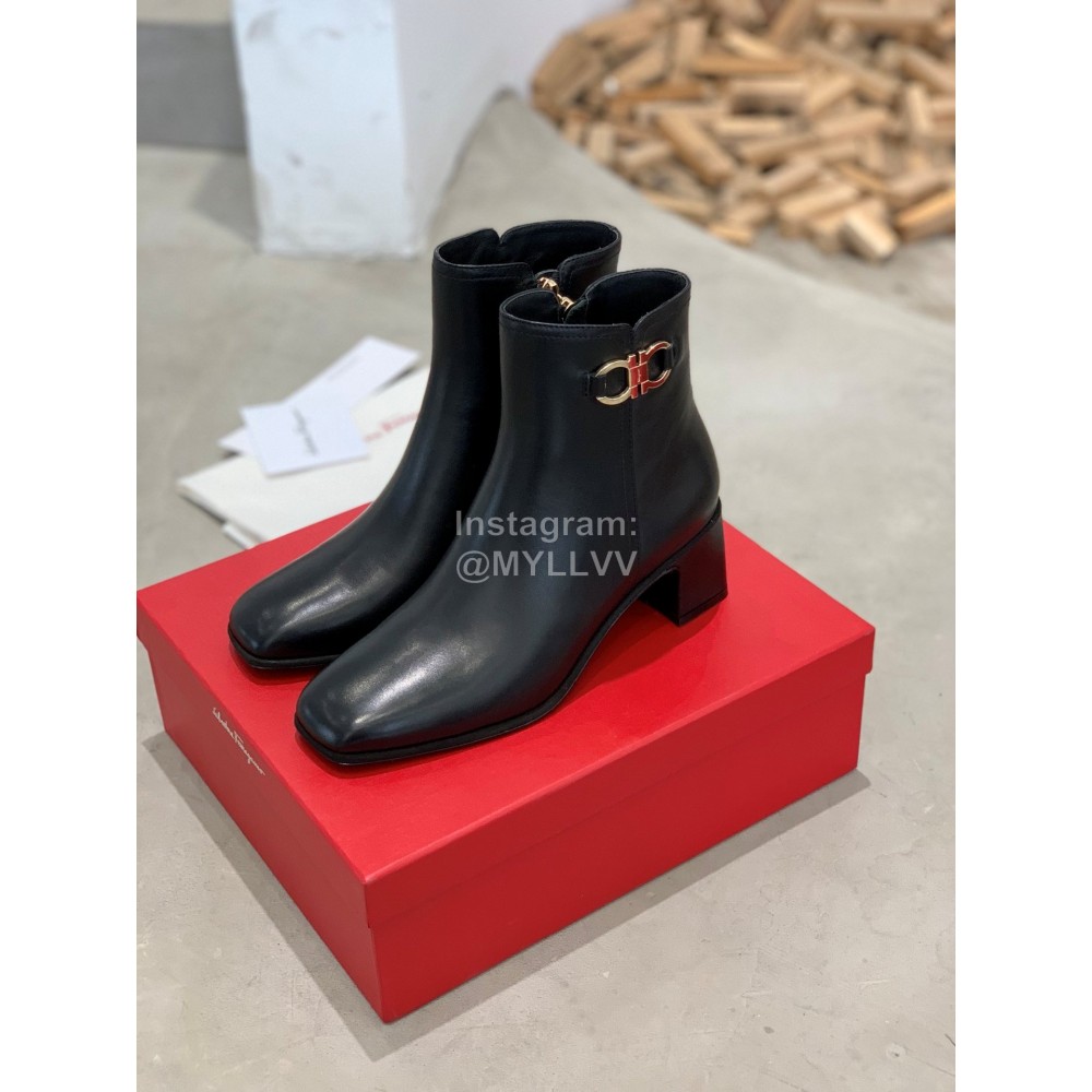 Ferragamo Gancini Buckle Cowhide Thick High Heeled Short Boots For Women Black