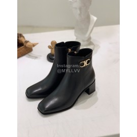 Ferragamo Gancini Buckle Cowhide Thick High Heeled Short Boots For Women Black