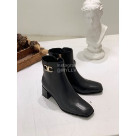 Ferragamo Gancini Buckle Cowhide Thick High Heeled Short Boots For Women Black