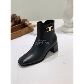 Ferragamo Gancini Buckle Cowhide Thick High Heeled Short Boots For Women Black
