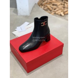 Ferragamo Gancini Buckle Cowhide Thick High Heeled Short Boots For Women Black
