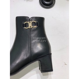 Ferragamo Gancini Buckle Cowhide Thick High Heeled Short Boots For Women Black