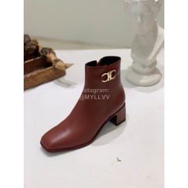 Ferragamo Gancini Buckle Cowhide Thick High Heeled Short Boots For Women Wine Red